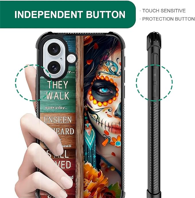 for iPhone 16 Case, Sugar Skull Day of Death Halloween Pattern Graphic Design Girl Boy Soft Silicone Hard Acrylic Shock Protection for iPhone 16