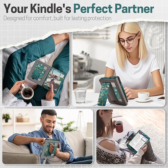 TNP Stand Case with Strap for Kindle Paperwhite 12th Gen 2024 / Kindle Colorsoft Signature Edition - 7" PU Leather Protective Folio Cover with Auto Wake/Sleep & Card Slot, Almond Blossom