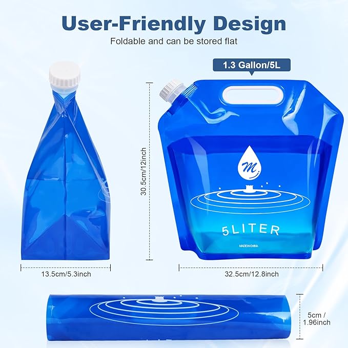 SOCATER Water Container Bags, 4 Packs BPA Free No-Leak Foldable Plastic 1.3 Gallon Water Container Bag for Camping Hiking Backpack Emergency Storage Jug