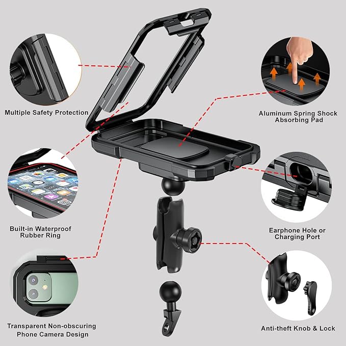 iMESTOU Waterproof Rearview Mirror Phone Mount, Motorcycle 1" Ball Phone Holder with Anti-Theft Double Socket Arm &Aluminum Ball Base 360° Rotation Fits for 3.5"-6.1" Cellphones (Size S)
