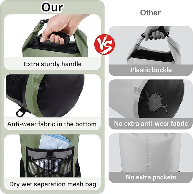 Pimoys Dry Bag, 25L Waterproof Backpack, Roll-Top Dry Bags Kayak, Outdoor Travel Bag for Boating, Kayaking, Camping, Fishing, Hiking, Rafting(Forest Green