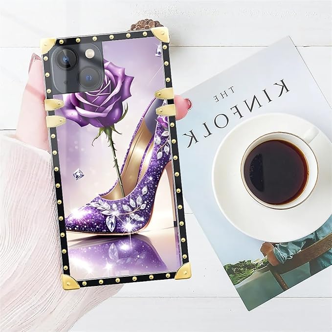 Compatible with iPhone 14 Case, High Heeled Purple Diamond Rose Luxury Golden Decoration for Girl Women Soft TPU Shockproof Protective Hard PC Back for iPhone 14