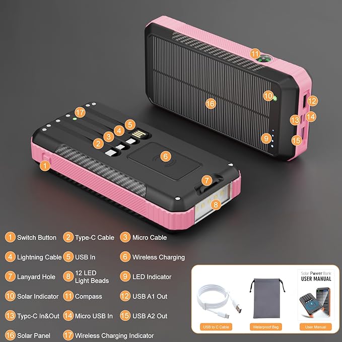 Solar Power Bank 33800mAh with Super Bright LED Flashlight, Built-in 4 Cables & Wireless Charging, Portable Charger with Compass, 7 Outputs & 4 Inputs for Camping/Hiking