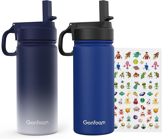 Kids Water Bottle, 2-Pack 16oz Kids Water Bottle with Stickers for School, insulated Stainless Steel Straw Cup(Sapphire+Gray)
