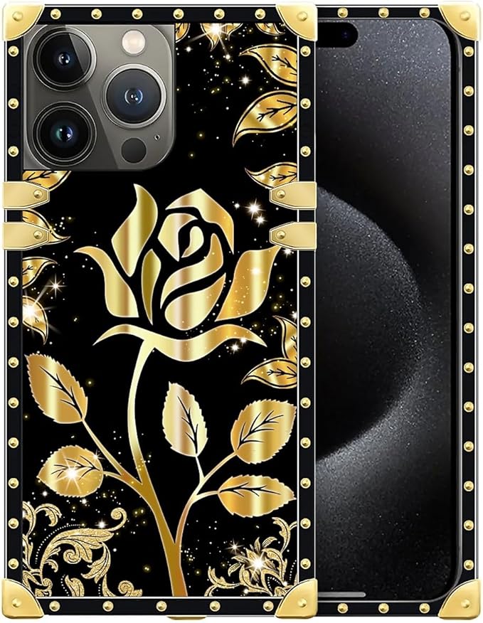 Compatible with iPhone 16 Pro Case, Shine Gold Rose Luxury Golden Decoration for Girl Women Soft TPU Shockproof Protective Hard PC Back for iPhone 16 Pro