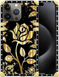 Compatible with iPhone 16 Pro Case, Shine Gold Rose Luxury Golden Decoration for Girl Women Soft TPU Shockproof Protective Hard PC Back for iPhone 16 Pro