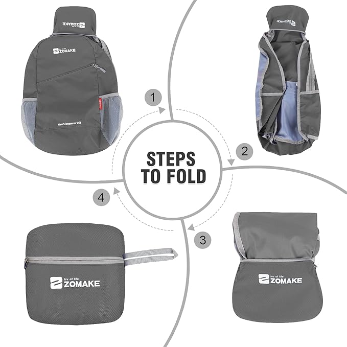 ZOMAKE Lightweight Packable Backpack,Foldable Backpacks Small Daypack for Hiking Water Resistant Day Bag for Travel(Medium Grey)