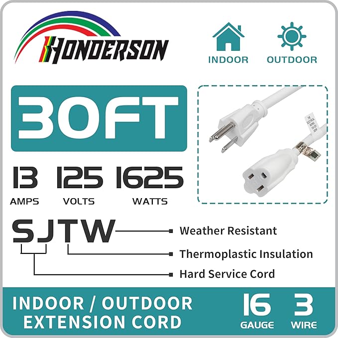 Indoor Outdoor Extension Cord Weatherproof, UL Listed, 16 Gauge 30FT White 3 Prong Heavy Duty, 16/3 SJTW 13A Power Cord for Outdoor Lights, Appliances, Lawn