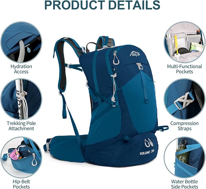 IX INOXTO Hiking Backpack, 26L/40L Waterproof Hiking Daypack with 3L Water Bladder and Rain Cover, Lightweight Travel Camping Backpack for Men Women (Blue)