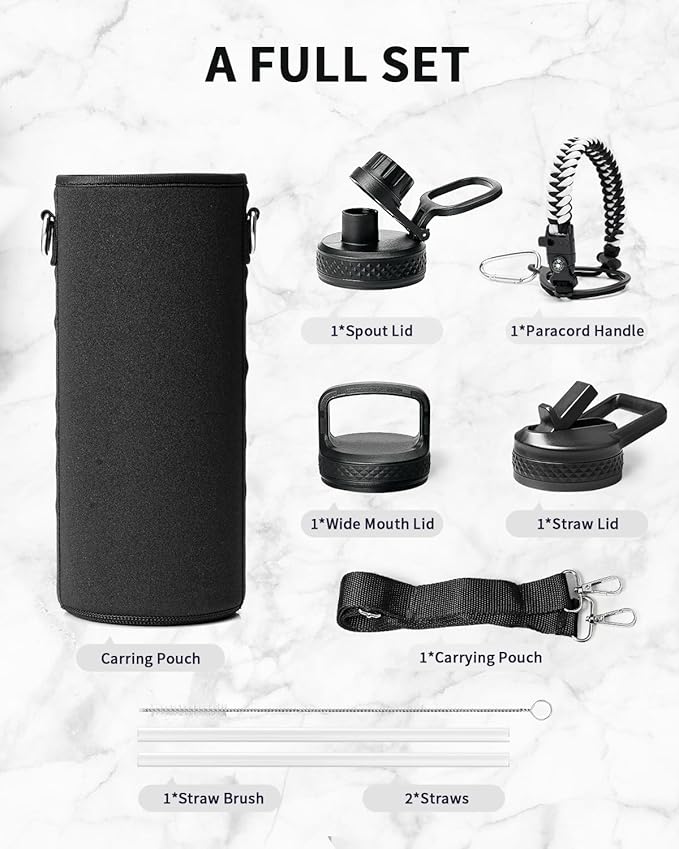 Trebo Water Bottle 40oz with Paracord Handle, Half Gallon Large Vacuum Triple Wall Stainless Steel Insulated Water Jug with Holder Strap Straw Spout Lids, Leakproof Keep Cold & Hot,Black and white