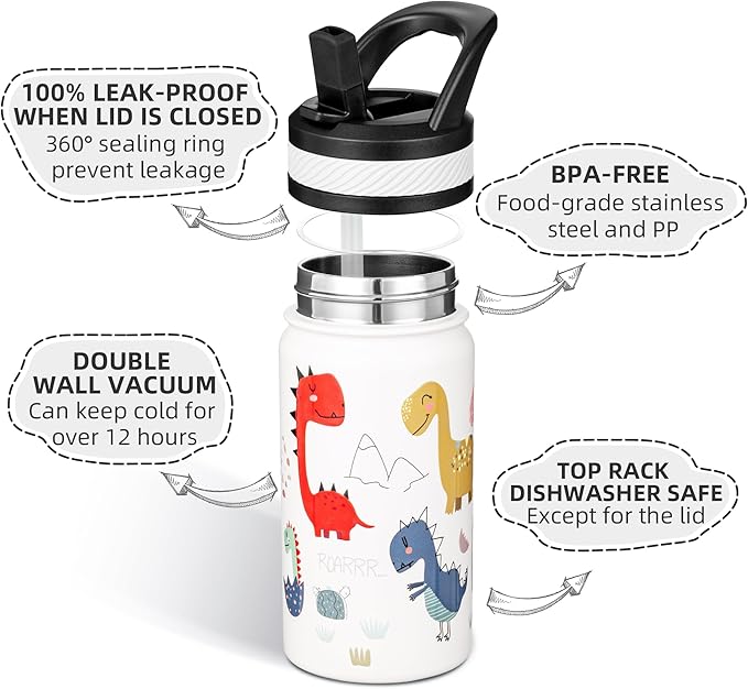Fanhaw 14 Oz Kids Insulated Water Bottle with Straw - Stainless Steel Double Wall Vacuum Cup, Leakproof, BPA Free, Suitable for Boys and Girls(White - Cute Dinosaur)