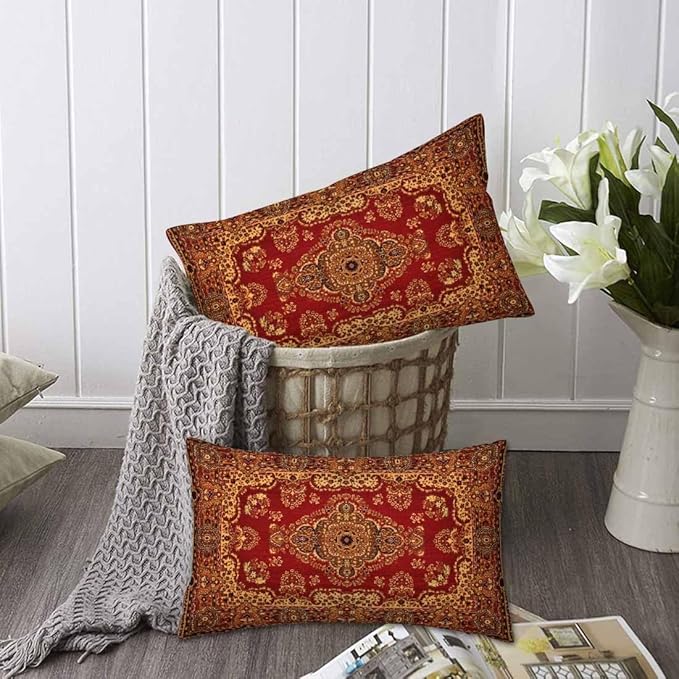 Red Oriental Persias Couch Pillow Covers 12 X 20 Boho Set of 2 Pillowcases Rectangular Velvet Outdoor Cushion Pillow Cases Decorative for Home Bed Sofa Couch Hotel