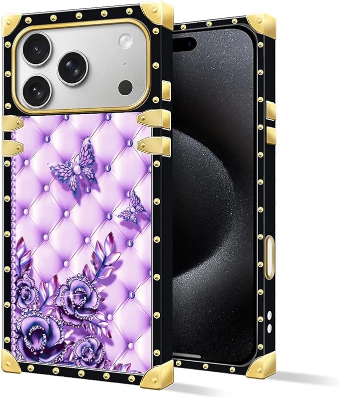 for iPhone 17 Pro Case Luxury Golden Decoration for Girl Women Soft TPU Shockproof Protective Hard PC Back for iPhone 17 Pro Crazy Pattern Purple Butterfly Flowers Leaf