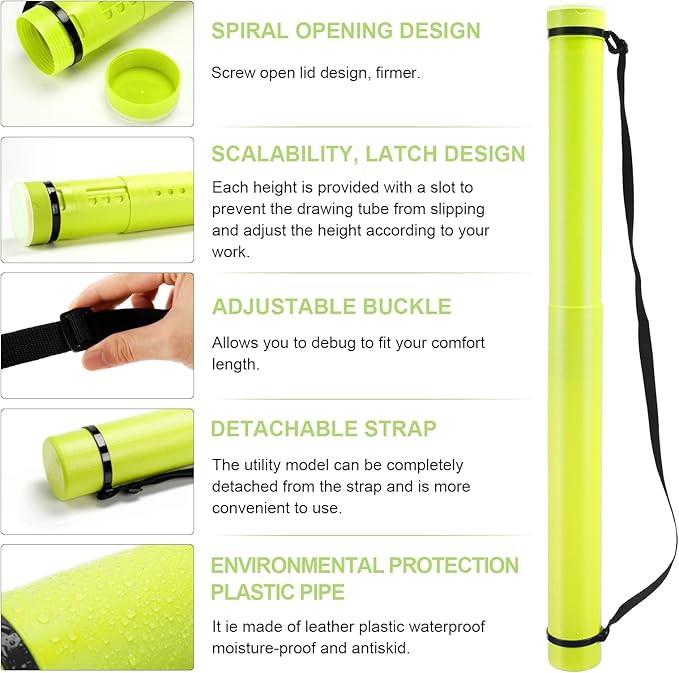 DEWEL Poster Tube, Waterproof Poster Holder Plastic Expandable Poster/Art/Document Storage Tube 24.5" to 40", Adjustable Poster Storage Blueprint Holder with Carrying Strap (Light Green-Large Size)