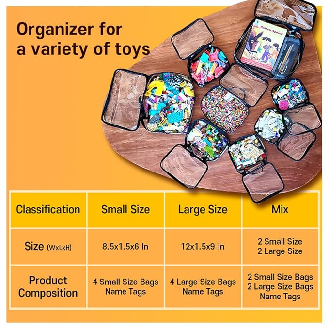 holay 4 Packs Large PVC Toy Storage Organizer with Zipper, Name Tag & Manual Pocket, Clear Durable Case for Blocks, Clay, Board Games, Travel (Black, Large)