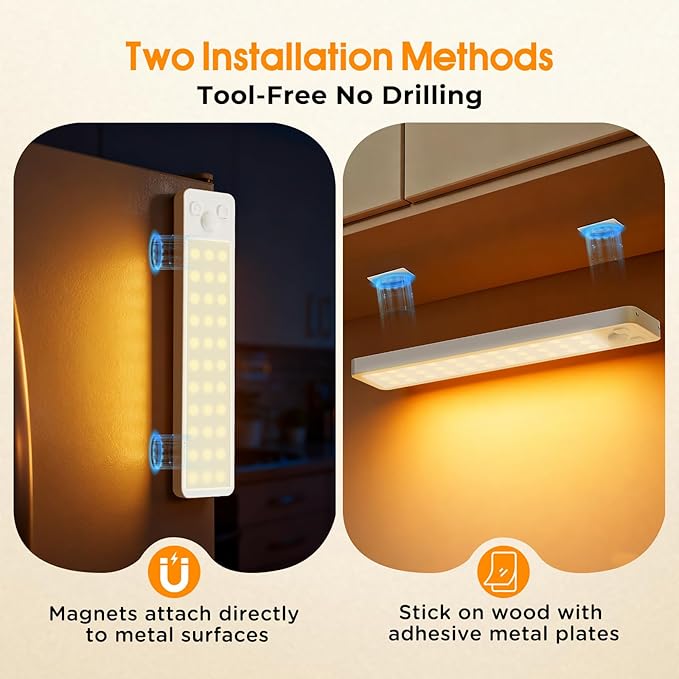 Under Cabinet Rechargeable Dimmable Lighting: 3 Color Temperature Motion Sensor Lights Indoor - Battery Operated Lights - Activated Closet Magnetic Wireless Led Light for Kitchen Home Bathroom Counter