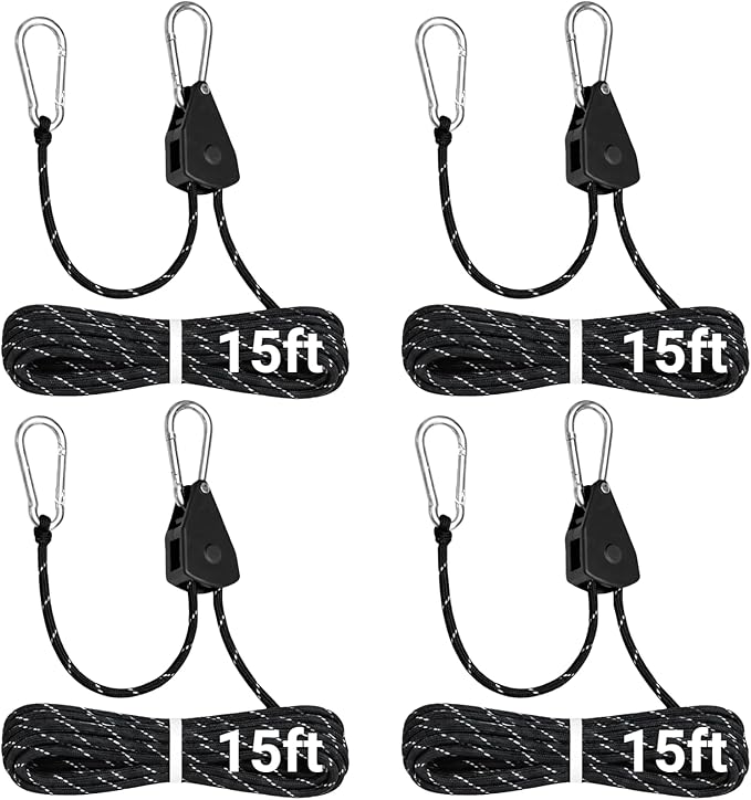 Longer 18ft Ratchet Straps Ropes Tie Down Rope Strap Small Mini Reflctive Outdoor Windproof Rope Roller Adjustable Camping Tent Hanger Grow Light Kayak Paracord 4 Pack 1/8"