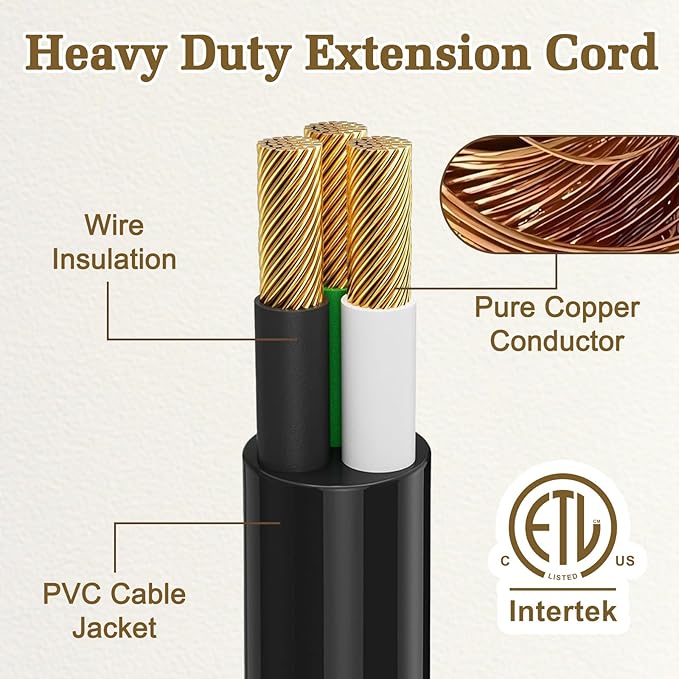 15FT 14 Gauge Outdoor Extension Cord 6-Outlet 14/3 SJTW Heavy Duty Extension Cord with Multiple Outlets Waterproof 3 Prong for Garage Workshop 15A 125V 1875W ETL Listed