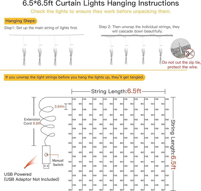 suddus Curtain Lights for Bedroom, 200 Led Hanging String Light Outdoor, Fairy Curtain Lights Indoor for Christmas, Dorm, Wall, Backdrop, Window, Wedding, Party, Birthday Decor, Warm White