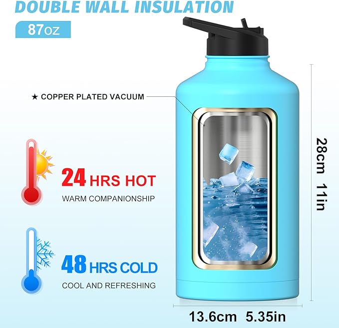 87oz Insulated Water Bottle (Cold for 48 Hrs),BPA Free&Leak Proof,1.5 Gallon Stainless Steel Water Flask,Water Jug with Straw Spout Lids for Gym,Hiking,Camping,Sky Blue