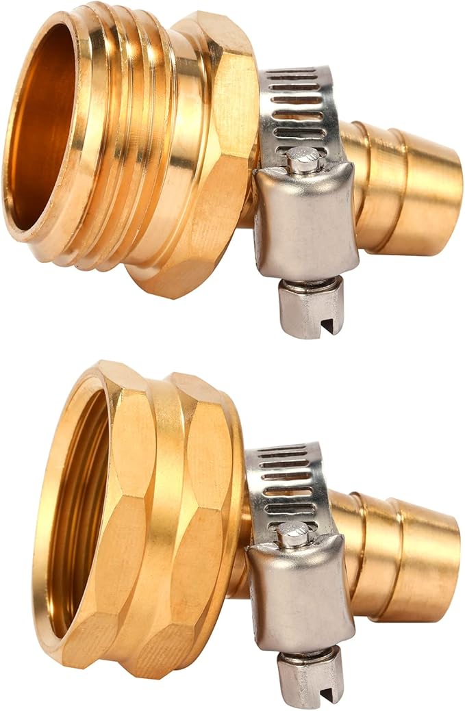 Brass Garden Hose Connector Repair Mender Kit with Stainless Clamp,Fits 1/2" Water Hose Fitting (1/2" Barb x 3/4" GHT)