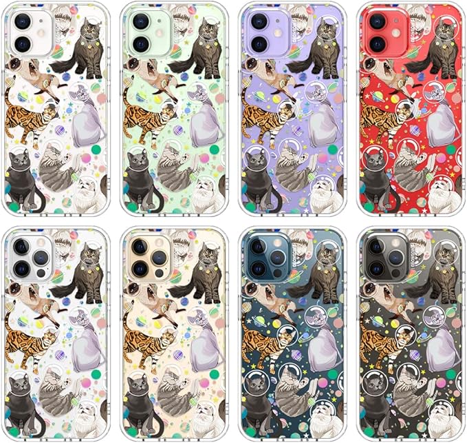 MOSNOVO Case for iPhone 12 & iPhone 12 Pro, [Buffertech 6.6ft Military-Grade Drop Protection] [Anti Peel Off Tech] Clear TPU Bumper Phone Case Cover Design - Space Cat