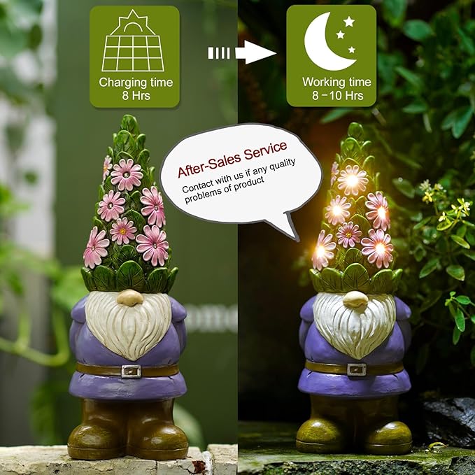 Nacome Solar Garden Outdoor Statues Gnome with Succulent and 7 LED Lights - Lawn Decor for Patio, Balcony, Yard Ornament for Mom Grandma Women