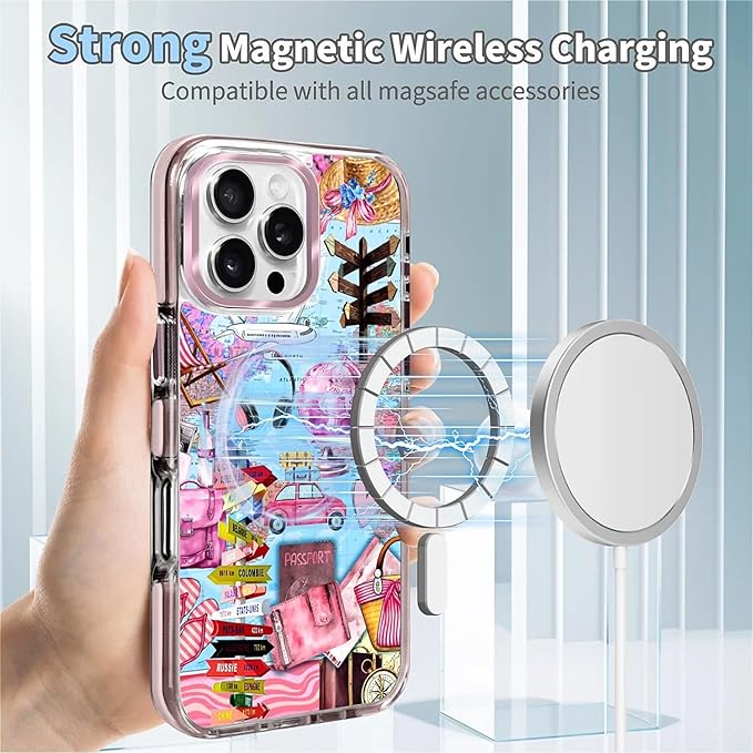 Case for iPhone 16 Pro Max,[Compatible with MagSafe],Cover Holiday Trip World Map Phone Case Design，for Women Girls Magnetic Clear Cover - Slim, Sleek, & Shockproof Protection