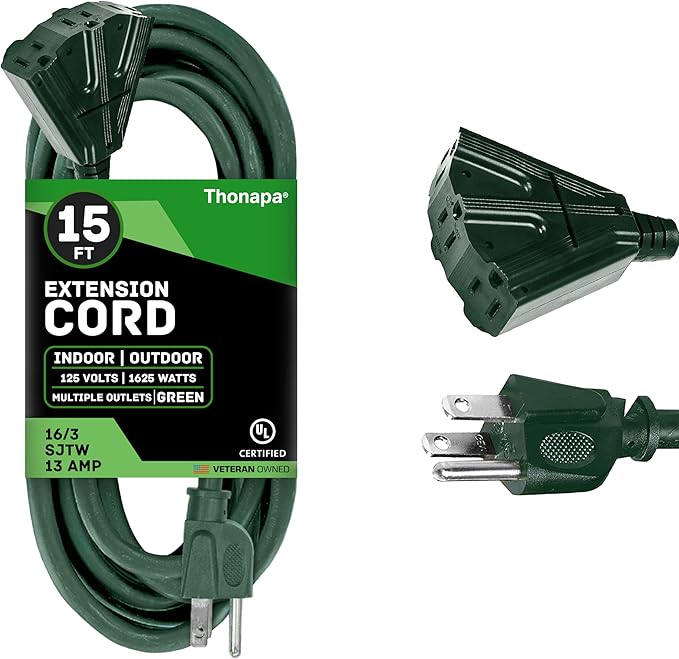 Thonapa Weatherproof Green Extension Cord 15 ft 3 Outlets, 16/3 SJTW Outdoor Extension Cord with Multiple Outlets 15 Foot, 13 AMP Exterior Electric Cable 3 Way Plug for for Outdoor Lights, Landscaping