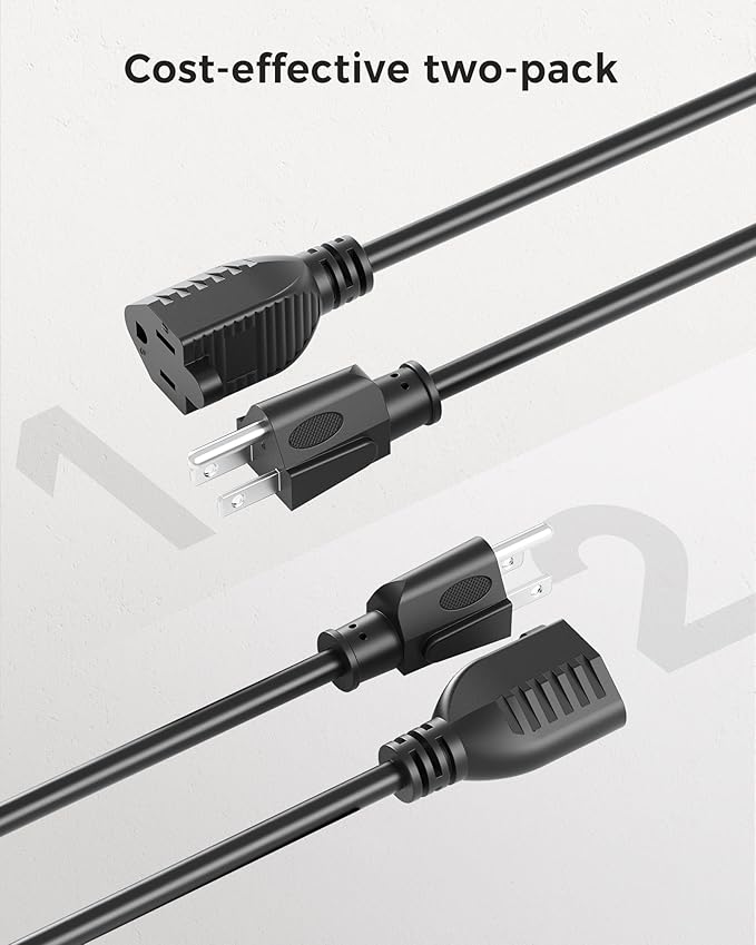 [ETL Listed] Cable Matters 2-Pack 16 AWG Heavy Duty 13A Power Extension Cord - 15ft, 3 Prong Power Cord Extension, NEMA 5-15P to NEMA 5-15R, Black