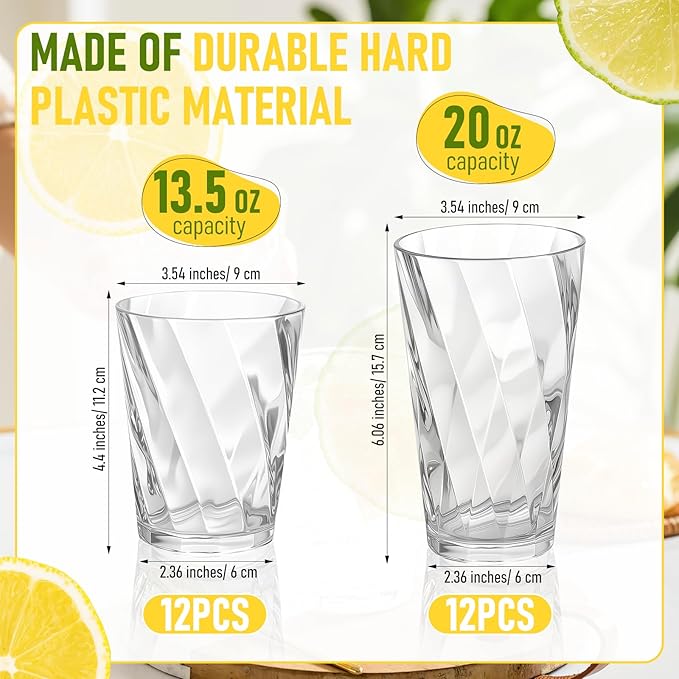 LemonRoad 24 Pack Reusable Plastic Drinking Glasses Set - 20oz & 13.5oz Stackable Tumbler, Shatter-resistant Highball Cup for Water, Cocktail, Iced Coffee, Indoor Outdoor Use, BBQ, Patio, Pool (Clear)