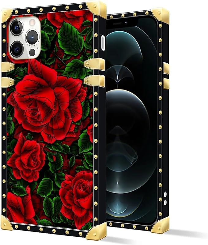 Compatible with iPhone 11 Pro Max Case, Vector Red Rose Green Leaf Luxury Golden Decoration for Girl Women Soft TPU Shockproof Protective Hard PC Back for iPhone 11 Pro Max