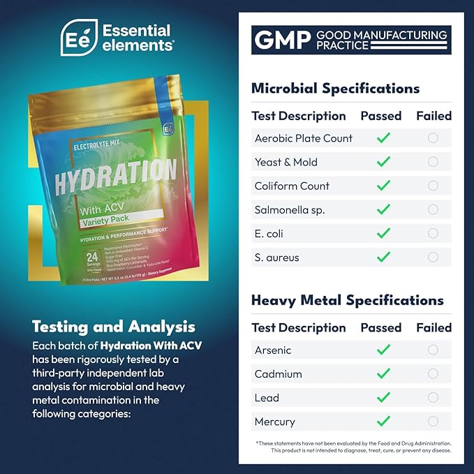Essential Elements® Hydration Packets - Variety Pack - Electrolytes Powder No Sugar - Electrolyte Drink Mix - Superior Hydration with ACV & Vitamin C - 48 Stick Packs