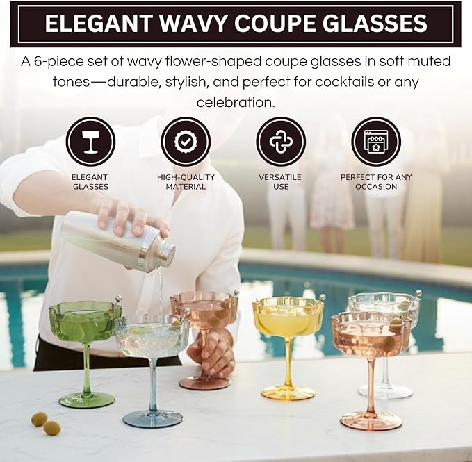 Khen Shatterproof Acrylic Flower Wavy Vintage Art Deco Martini, Champagne & Cocktail Muted Pastel Color Plastic Tritan Coupe Glasses | 6 Set | 8.5oz Glassware Classic Cocktail Indoor & Outdoor Set