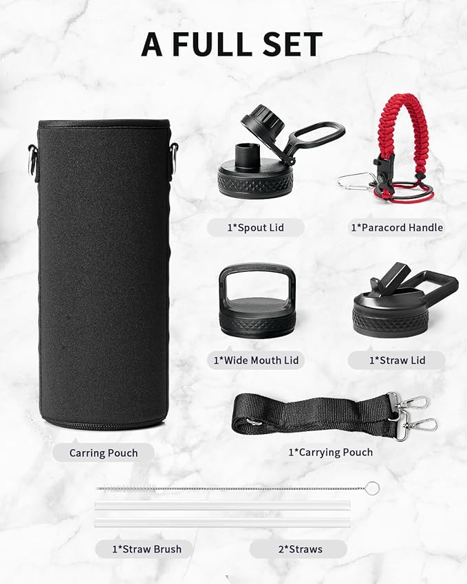 Trebo Water Bottle 40oz with Paracord Handle, Half Gallon Large Vacuum Triple Wall Stainless Steel Insulated Water Jug with Holder Strap Straw Spout Lids, Leakproof Keep Cold & Hot, Red