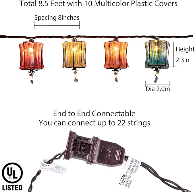 TWINKVILLA Outdoor String Lights Plug in with 10 Incandescent Bulbs, Multicolor Patio Lights Connectable Weatherproof Decorative Lantern String Lights for Gazebo Porch Bedroom Cottagecore Decor