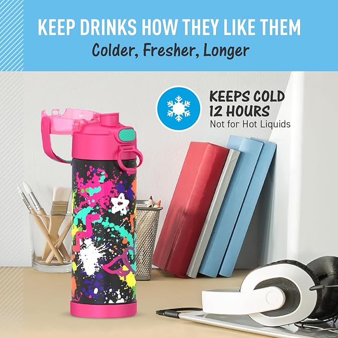 THERMOS FUNTAINER 16 Ounce Stainless Steel Vacuum Insulated Bottle with Wide Spout Lid, Graffiti Girl
