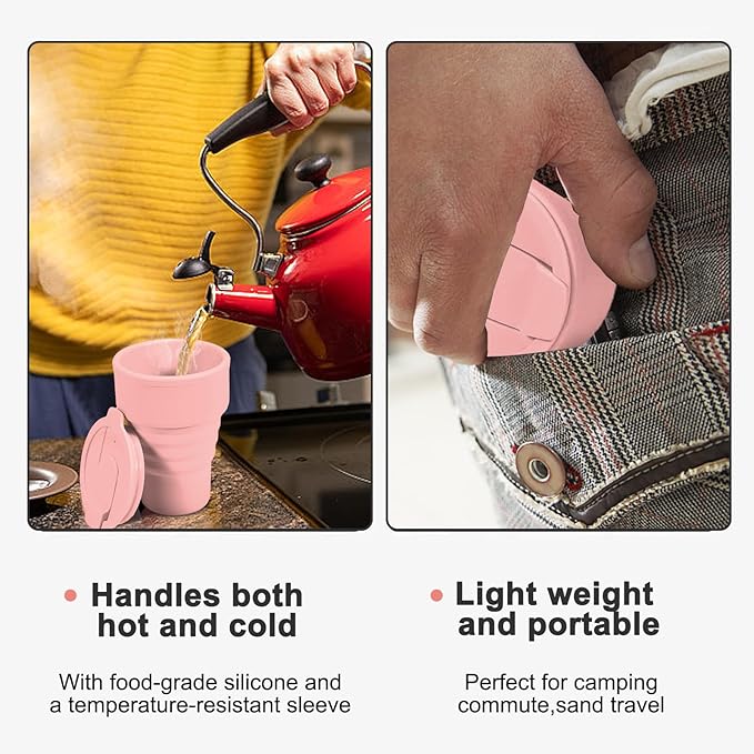 Collapsible Silicone Cup - Pink, Reusable Foldable Travel Cup for Camping, Hiking & Gym, Leak-Proof, Eco-Friendly, BPA-Free, Dishwasher Safe, Portable Water Bottle for Women