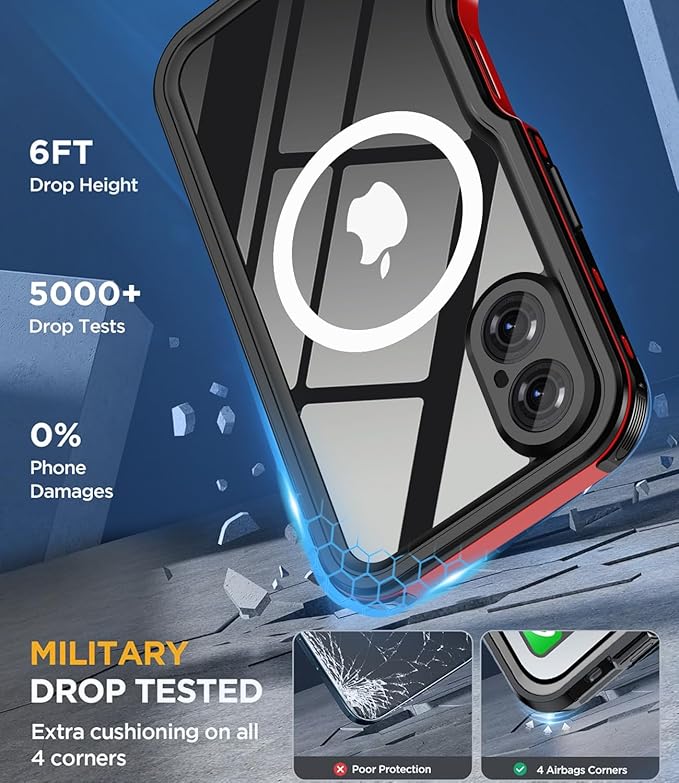 for iPhone 16 Case Waterproof | Full Body Shockproof Dust Proof Phone Case Cover with Screen Protector - Red