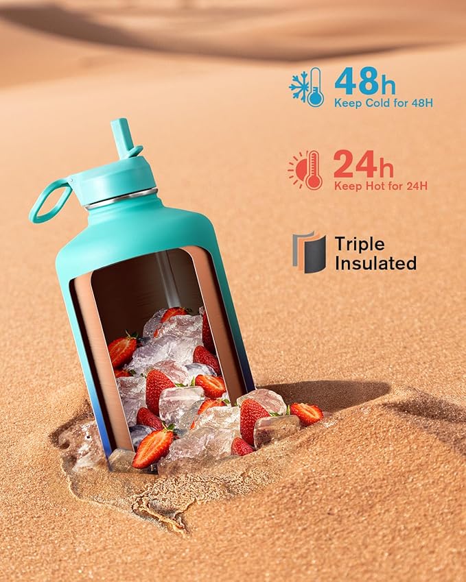 Coolflask 128 oz Gallon Water Bottle Insulated with Straw&3 Lids, Water Jug Large Stainless Steel Metal Vacuum Wide Mouth for Sports, Gym or Office, Non-BPA Keep Cold 48H Hot 24H, Pacific Prince