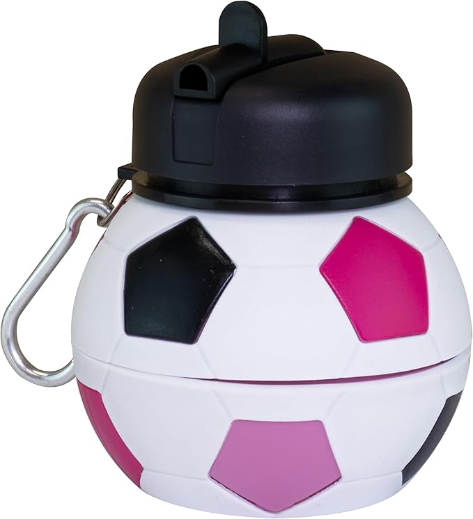 Maccabi Art Clip-On Collapsible BPA-Free Silicone Pink Soccer Ball Water Bottle for Kids, 18 Oz. Size
