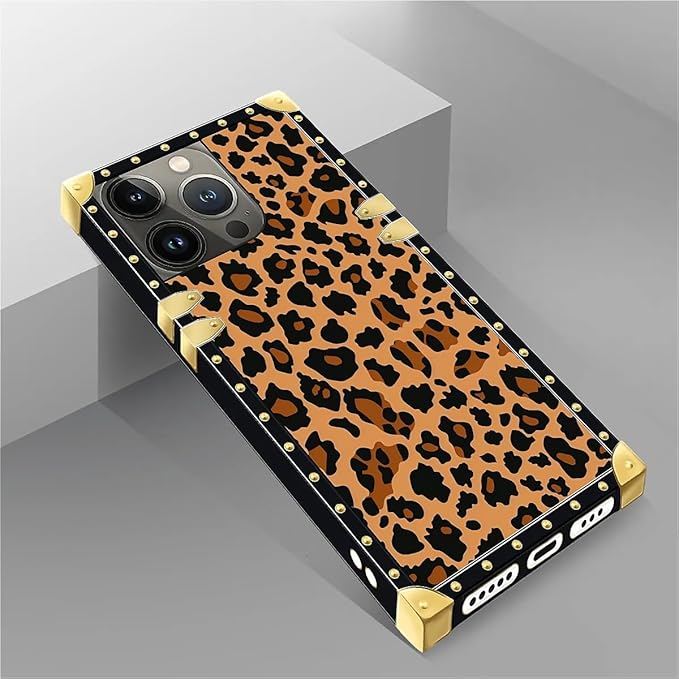Compatible with iPhone 14 Pro Case, Brown Leopard Texture Luxury Golden Decoration for Girl Women Soft TPU Shockproof Protective Hard PC Back for iPhone 14 Pro