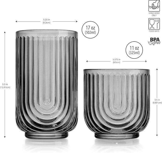 16 Piece Smoke Glassware Set, Art Deco Black Drinking Glasses, Ribbed U-Shape Design, 8 Highball 17oz and 8 Whiskey 11oz DOF