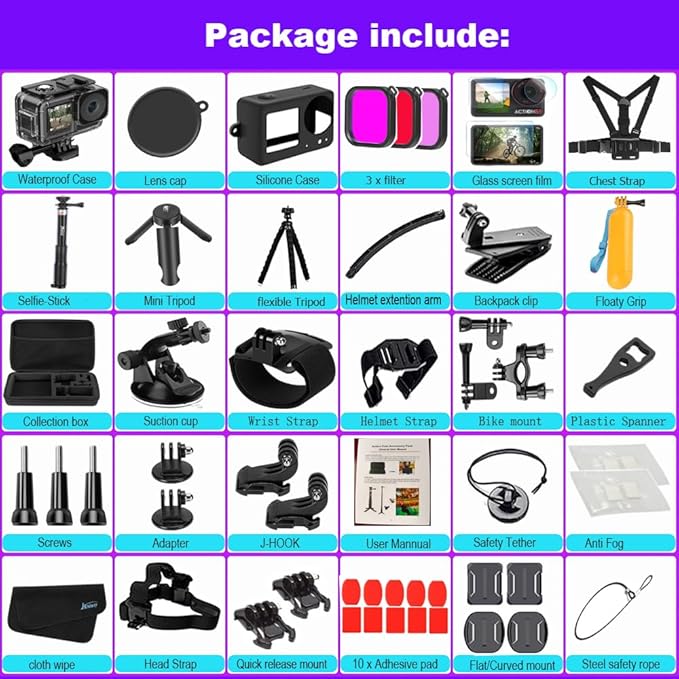 Accessories Bundle for DJI Osmo Action 5 Pro/Action 4/3 Waterproof Case Diving Housing Silicone Case Glass Screen Protector Film Whole Kit 60E (Kit1 for DJI Osmo Action 5 Pro/4/3)