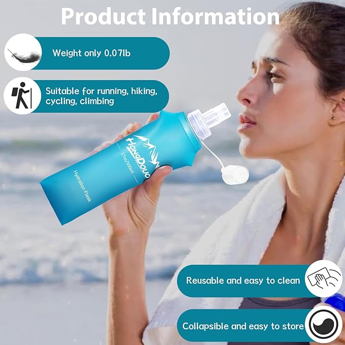 2 Packs Soft Flask, 17oz/500ml TPU Collapsible Soft Water Bottle for Hydration Pack, Running Vest, BPA-Free Folding Water Bottles for Hiking Cycling Climbing Running Outdoor Sports