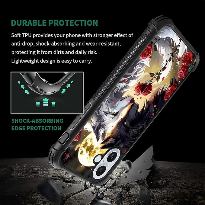 for iPhone 16 Plus Case, Black White Wolf Moon Flower Rose Pattern Graphic Design Girl Boy Soft Silicone Hard Acrylic Shock Protection for iPhone 16 Plus