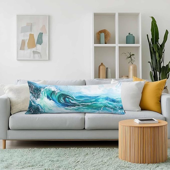 Couch Body Pillow Cover Ocean Wave Bedding Body Pillow Case for Men Women, Watercolor Sea Waves Blue Oblong Pillow Covers Throw Cushion Cases for Home Sofa Livingroom 20"X 54"