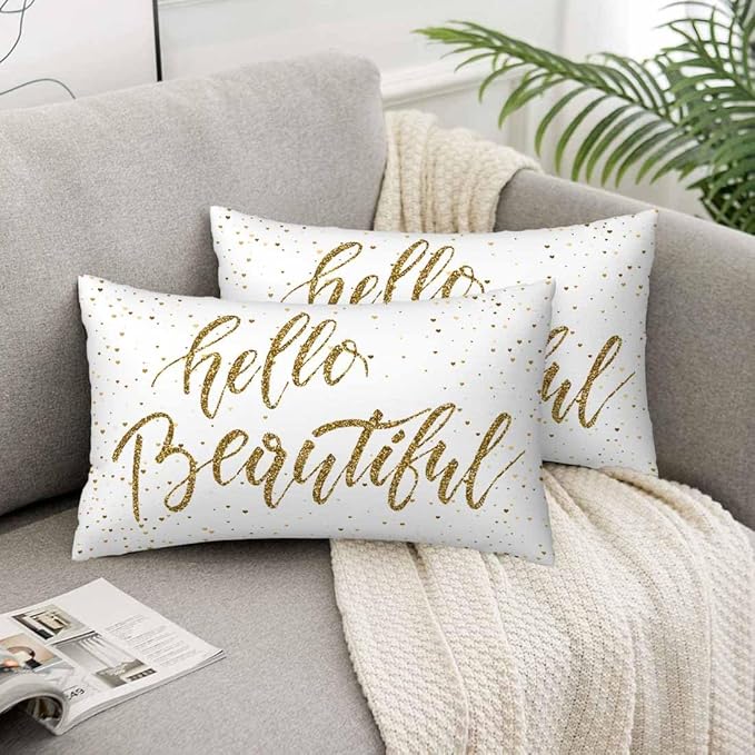 Hello Beautiful Bling Pillow Covers 12 X 20 Gold Glitter Motivational Quote Set of 2 Pillow Cases Rectangular Velvet Outdoor Throw Cushion Pillowcases Decorative for Home Bed Sofa Couch Hotel