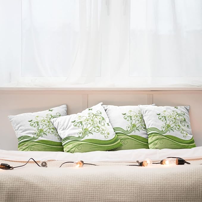 Ambesonne Vines Throw Pillow Cushion Case Pack of 4, Butterflies Leaves Flowers Colorful Nature Tones Print, Modern Accent Double-Sided Digital Printing, 20", Lime Green
