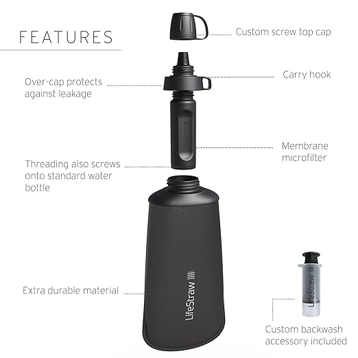 LifeStraw Peak Series - Collapsible Squeeze Bottle Water Filter System – 650ml for Trail Running, Through Hiking, Travel, Cycling, and Fishing; Dark Mountain Gray